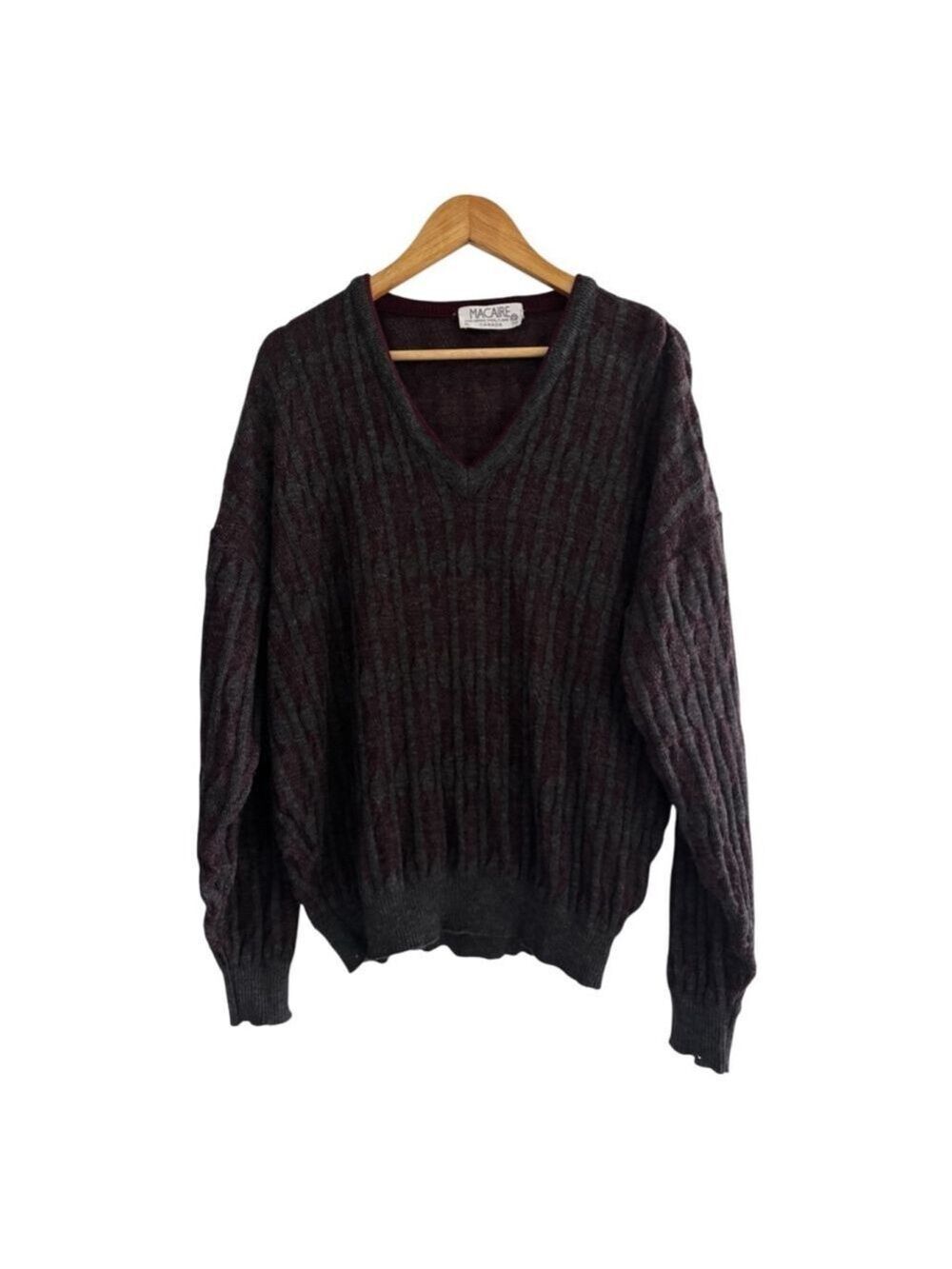 Vintage Merino Wool Grandpa Sweater Rib Knit V Neck Made in Canada